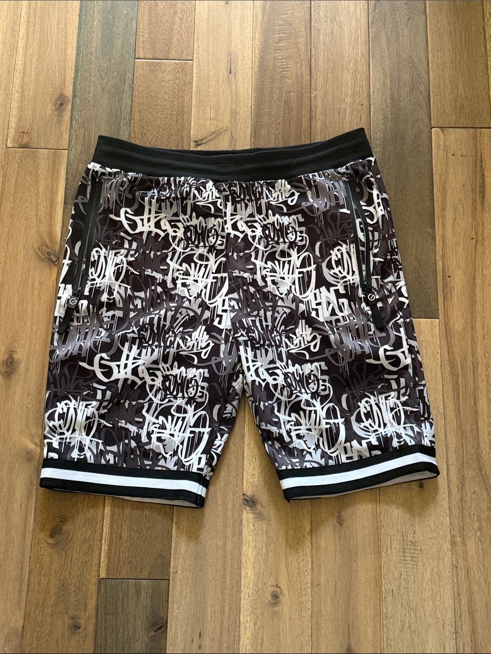 Men's Black & White Graffiti Athletic Shorts with Zip Pockets